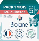 BIOLANE - Pannolini corti - Taglia 5 (12-18 kg) - Tenuta 12 ore - Confezione 1 mese - 120 pannolini - ecologico
