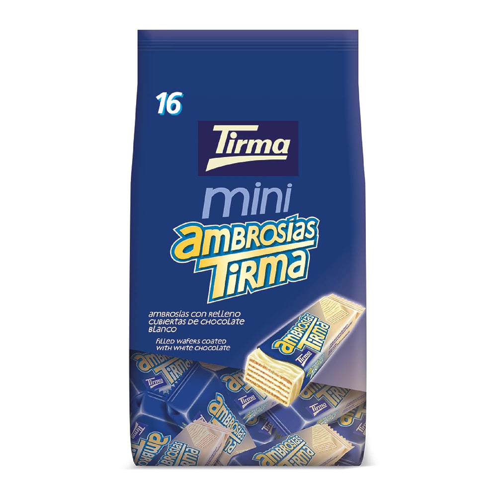 Mini Wafer Al Cioccolato Bianco Tirma | (16 unità x 13,5 g), 216 g | Delicata farcitura alla crema | Non OGM | Adatto ai vegetariani | Confezionati singolarmente | Spuntino al sacco