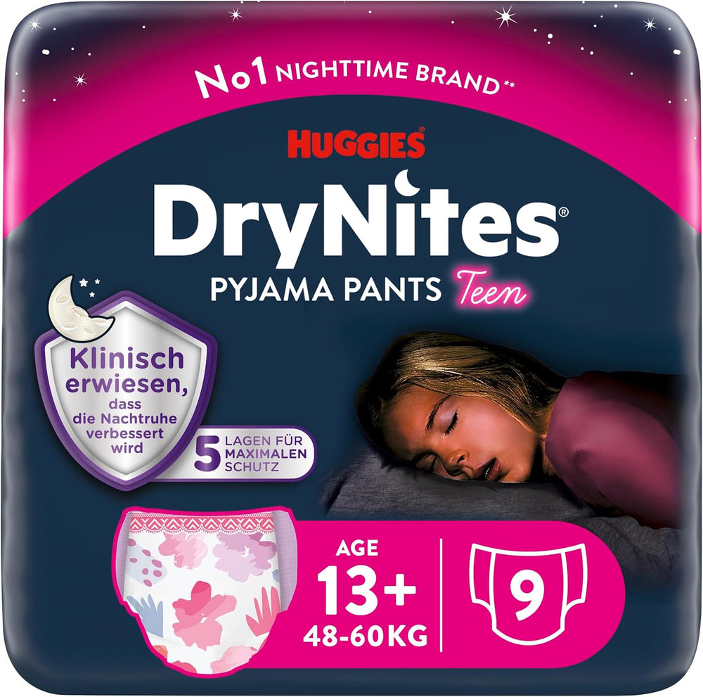 Huggies DryNites Pannolini per l'enuresi notturna per ragazze da 13 a circa 17 anni (48-60 kg) Confezione da 27 pannolini (3x9) mensili