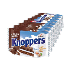 Knoppers Bianchi e Neri – 8 x 25g – Fette di wafer ripiene di wafer al cacao fondente, pezzetti di biscotti neri, crema al latte e torrone