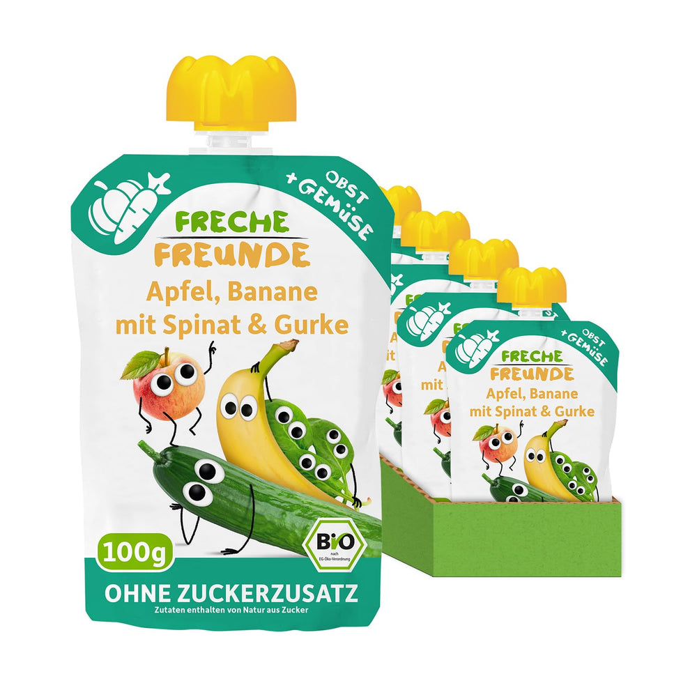FRECHE FREUNDE busta di frutta spremibile biologica con mele, banane, spinaci e cetrioli, purea di frutta e verdura in busta spremibile per bambini a partire da 6 mesi, vegana, confezione da 6 (6 x 100 g)