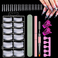 Set de 120 de forme duble pentru unghii, șabloane pentru extensii de unghii cu pensulă roz cu două capete, clemă pentru vârful unghiilor, separator de degete din burete și pilă de unghii pentru unghii Polygel