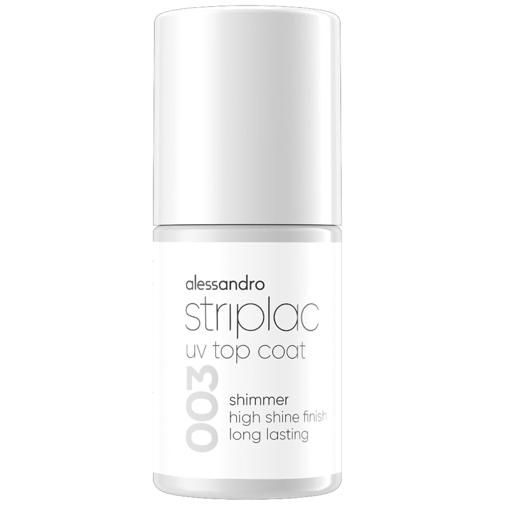 alessandro Striplac UV Top Coat Shimmer - Unghie brillanti e resistenti ai graffi fino a 15 giorni - Può essere utilizzato con o senza tinta - Tecnologia di rimozione delicata - Vegan - Argento, Trasparente, 6,5 ml