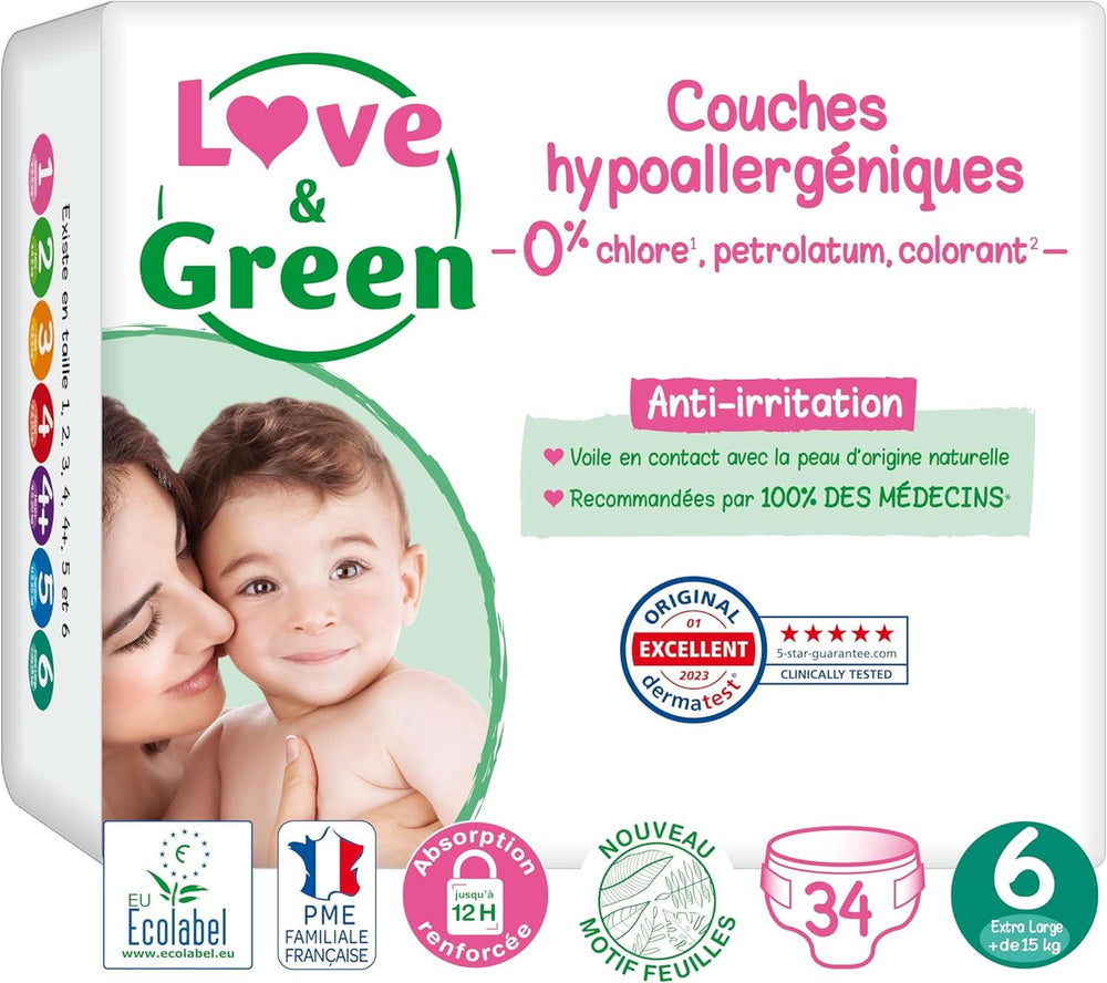 Love & Green, Pannolini per neonati, ipoallergenici, taglia 6 (34 unità) Mamma e Bambino Naty Shop
