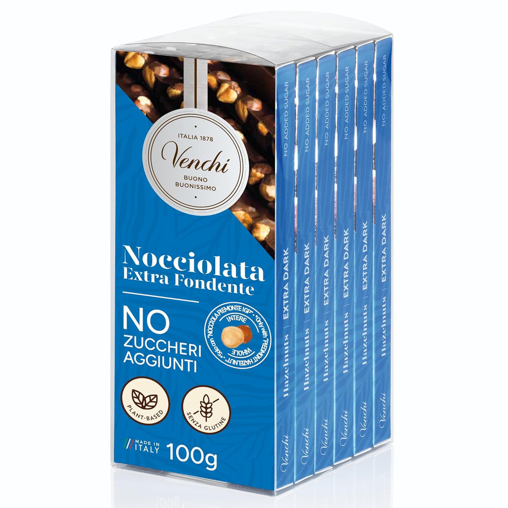 Venchi - Confezione da 6 tavolette di cioccolato fondente con nocciole, 600g - Senza zuccheri aggiunti - Senza dolcificanti artificiali - Senza glutine - Vegan - Idea regalo