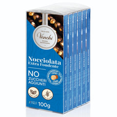 Venchi - Confezione da 6 tavolette di cioccolato fondente con nocciole, 600g - Senza zuccheri aggiunti - Senza dolcificanti artificiali - Senza glutine - Vegan - Idea regalo