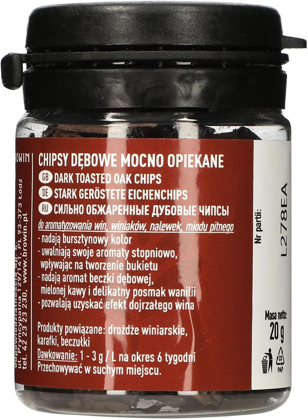 Browin Așchii de stejar puternic prăjite 20 g - fulgi, bastoane fine de stejar pentru aromatizarea alcoolului, maro Arome Naty Shop 20 grame Foarte prăjit - fulgi