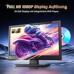 Mini televizor DESOBRY de 16 inci cu DVD player integrat, suport pentru mini televizor 1080p, antenă, HDMI, AV, intrare USB, televizor de 12V pentru camping/autorulote/caravane/autorulote