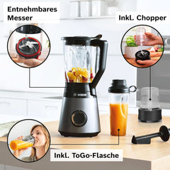 Robot da cucina Bosch Vitapower Serie 4 MMB6177S, Edelstahl-Klingen Made in Germany, bicchiere in vetro Thermosafe da 1,5 l, fiaschetta To-Go da 0,6 l, stopfer, zerkleinerer universale, 30.000 giri/min, 1200 W, Argento Kitchen Naty Shop