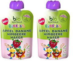 biocentral BioKids Purea di frutta Mela Banana Lampone Avena | 12 x 90 g | Snack fruttato senza zuccheri aggiunti | Vegano (confezione da 2)