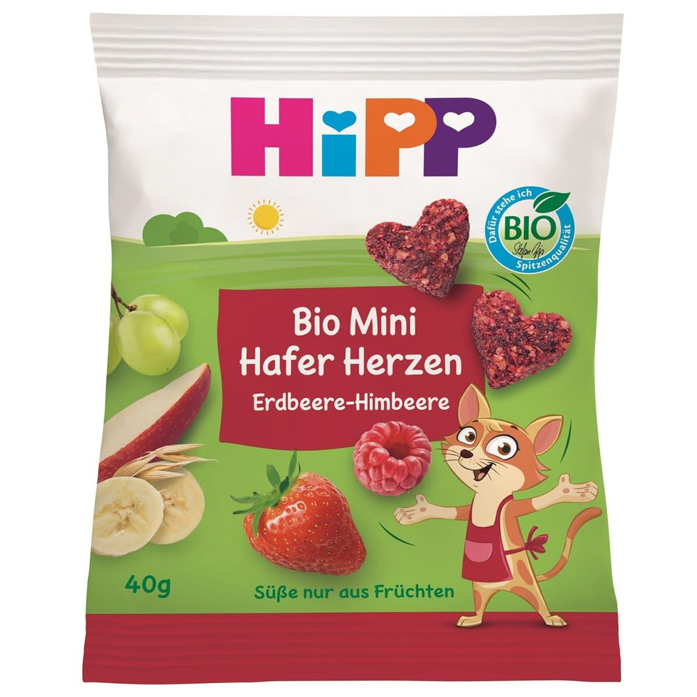 HiPP Mini Cuori d'Avena Fragola-Lampone (12 x 40g), da 1 anno, barretta biologica a forma di cuore, ricca di cereali e fibre, dolcificata solo con frutta, della migliore qualità biologica