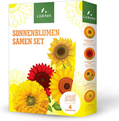 LERAVA® Sonnenblumen Samen Set (4 tipi) - Riesige gelbe & rote Sonnenblume - Zwerg und Sungold Teddy - Premium Sonnenblumensamen für Garten und Balkon - Blumensamen Geschenk für Hobbygärtner