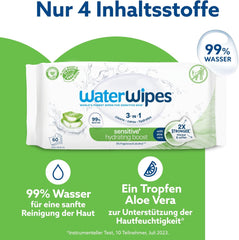 Salviette umidificate WaterWipes Sensitive+ Hydrating Boost, salviette idratanti, 360 pezzi (confezione da 6), 3 in 1 per pulire, curare, idratare, acqua di aloe vera al 99%, salviette per neonati senza profumazione
