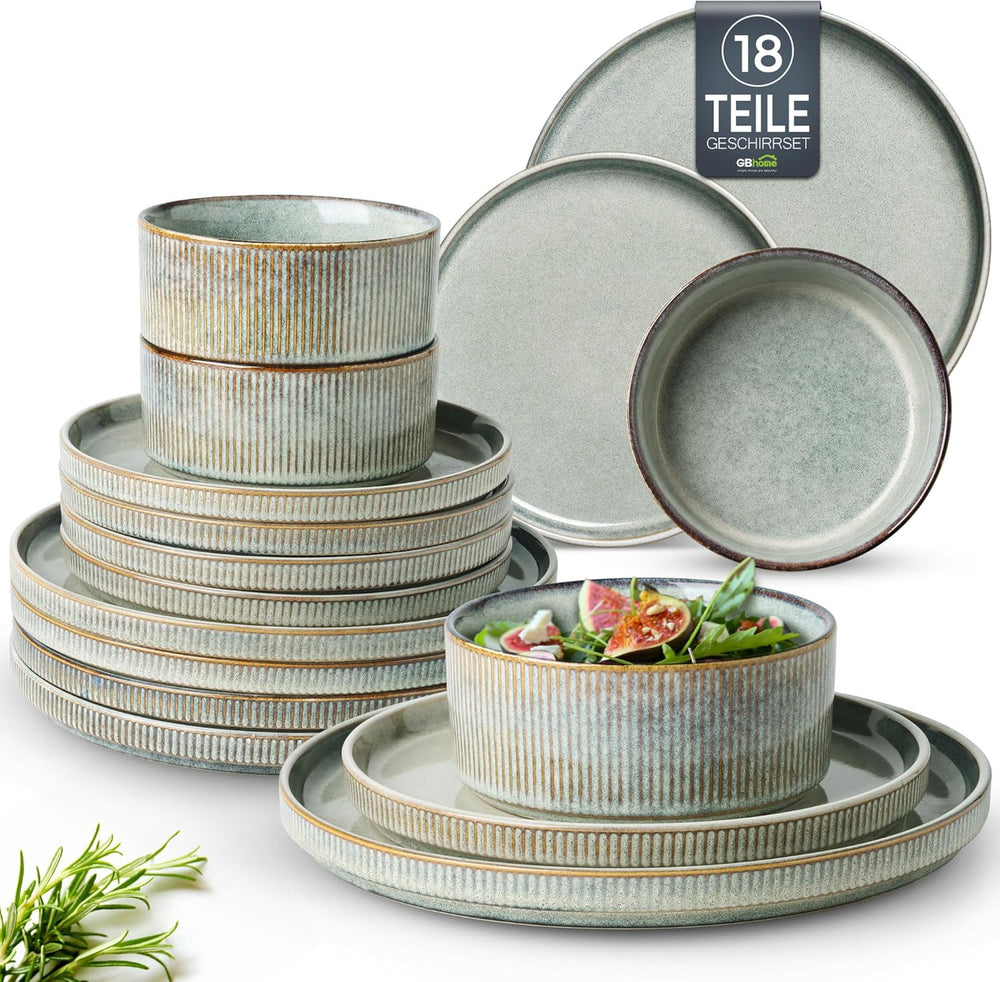Set de veselă din gresie GBhome pentru 6 persoane, 18 piese, glazură reactivă, set de veselă din gresie lucrat manual, potrivit pentru cuptorul cu microunde și mașina de spălat vase, set de bol și farfurie