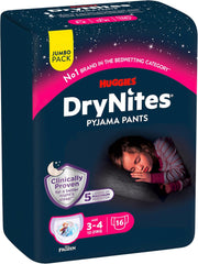 Huggies DryNites Pannolini notturni super assorbenti per ragazze 3-4 anni (12-21 kg) 4 x 16 conteggi (64 conteggi totali) Confezione mensile di mutandine