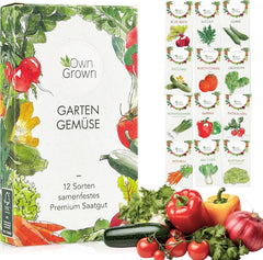 Set di semi di verdure coltivate da soli - 12 Pflanzensemen Sorten für Hochbeet und Garten - Praktische Box mit Gemüsesamen für den Anbau Frischer Ernte zu Hause - Ideal für Gartenliebhaber