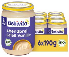 Porridge serale con semolino biologico e vaniglia (6 x 190 g), a partire da 5 mesi, senza zuccheri aggiunti, molto saziante, 100% qualità biologica