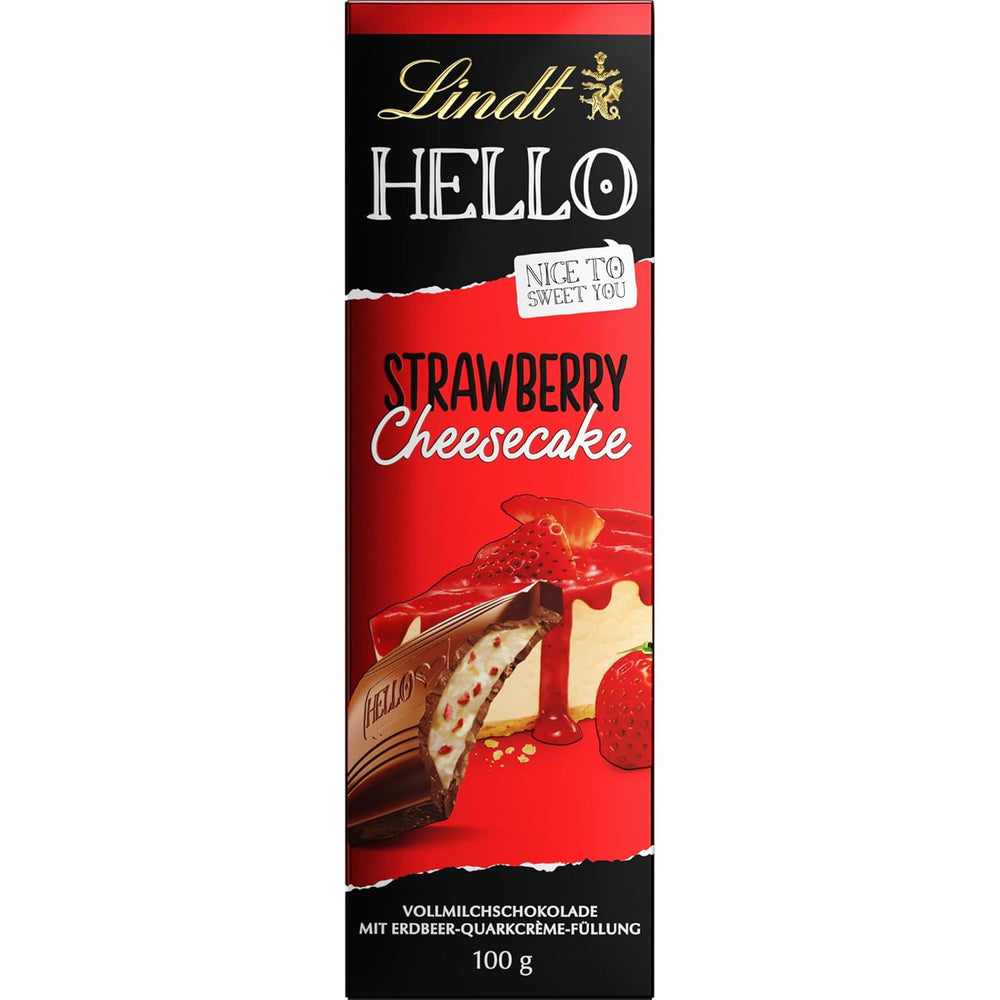 Lindt HELLO Cheesecake Al Cioccolato E Fragole | Barretta 100g | Cioccolato al latte con ripieno di crema al quark alla fragola | Tavoletta di cioccolato | Regalo di cioccolato