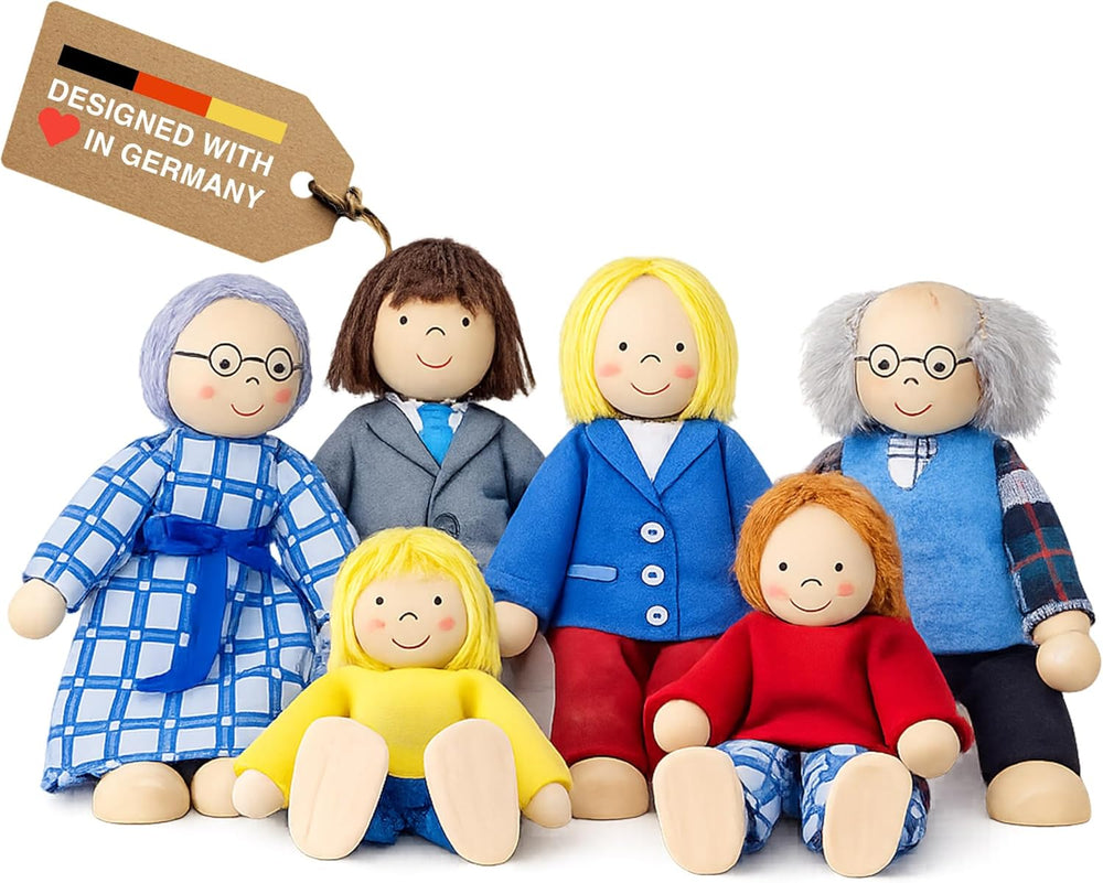 S0218 - Biegepuppen City-Familie, nachhaltige Holzfiguren, Holzpuppen für Kinder, beweglich Robustes Holzspielzeug, kreatives Kinderspielzeug, naturbelassen - 6er Set, ab 3 Jahre