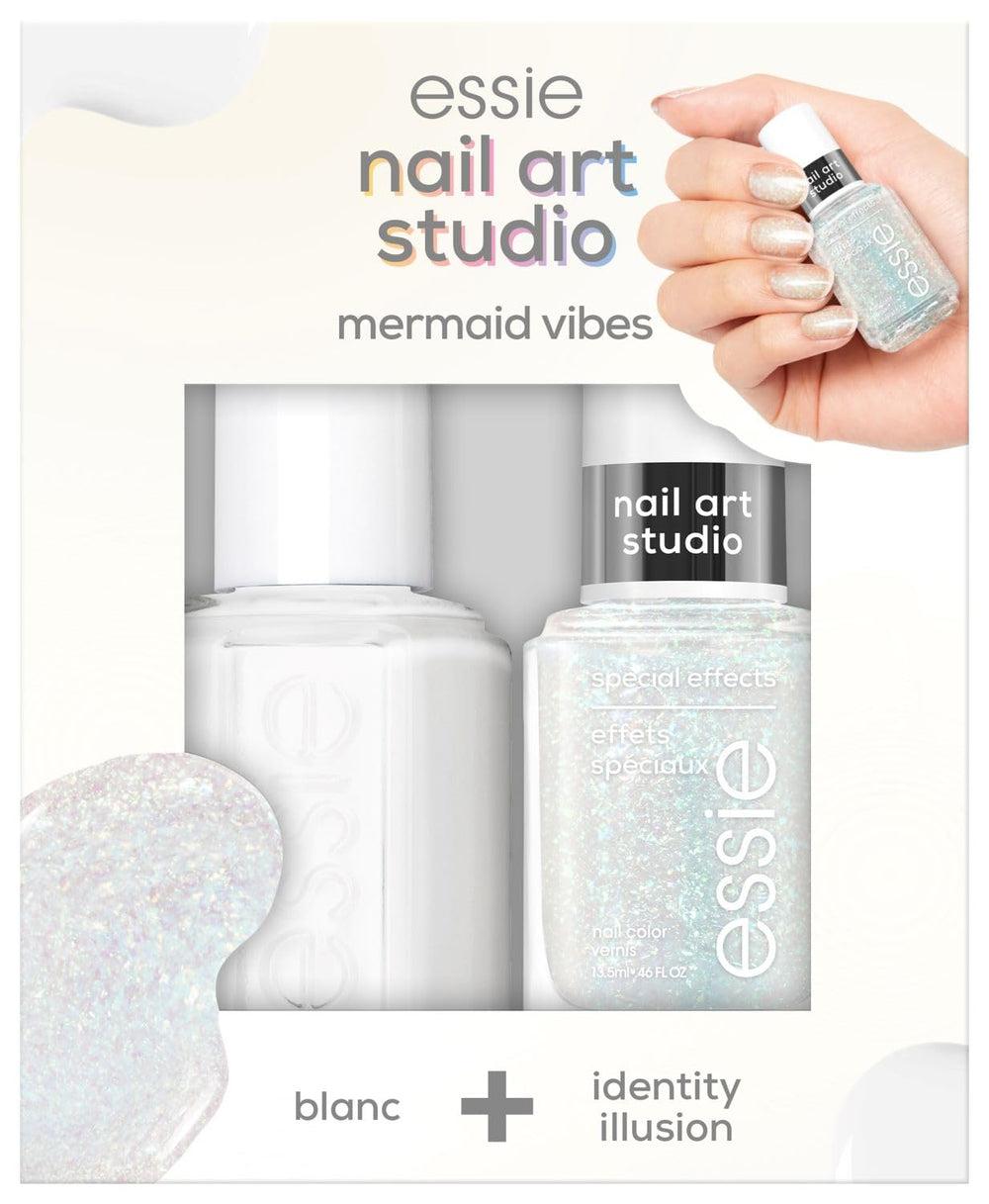 Set Essie Nail Art Studio, smalto Sirena Vibes n. 1 Blanc, smalto Effetti Speciali n. 7 Illusione d'identità