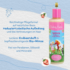 Balsam Childs Farm pentru copii 250 ml | Căpșuni și mentă organică | Toate tipurile de păr | Hrănește și hrănește | Potrivit pentru pielea uscată, sensibilă și predispusă la neurodermatită Copii - Baie si Skincare Naty Shop