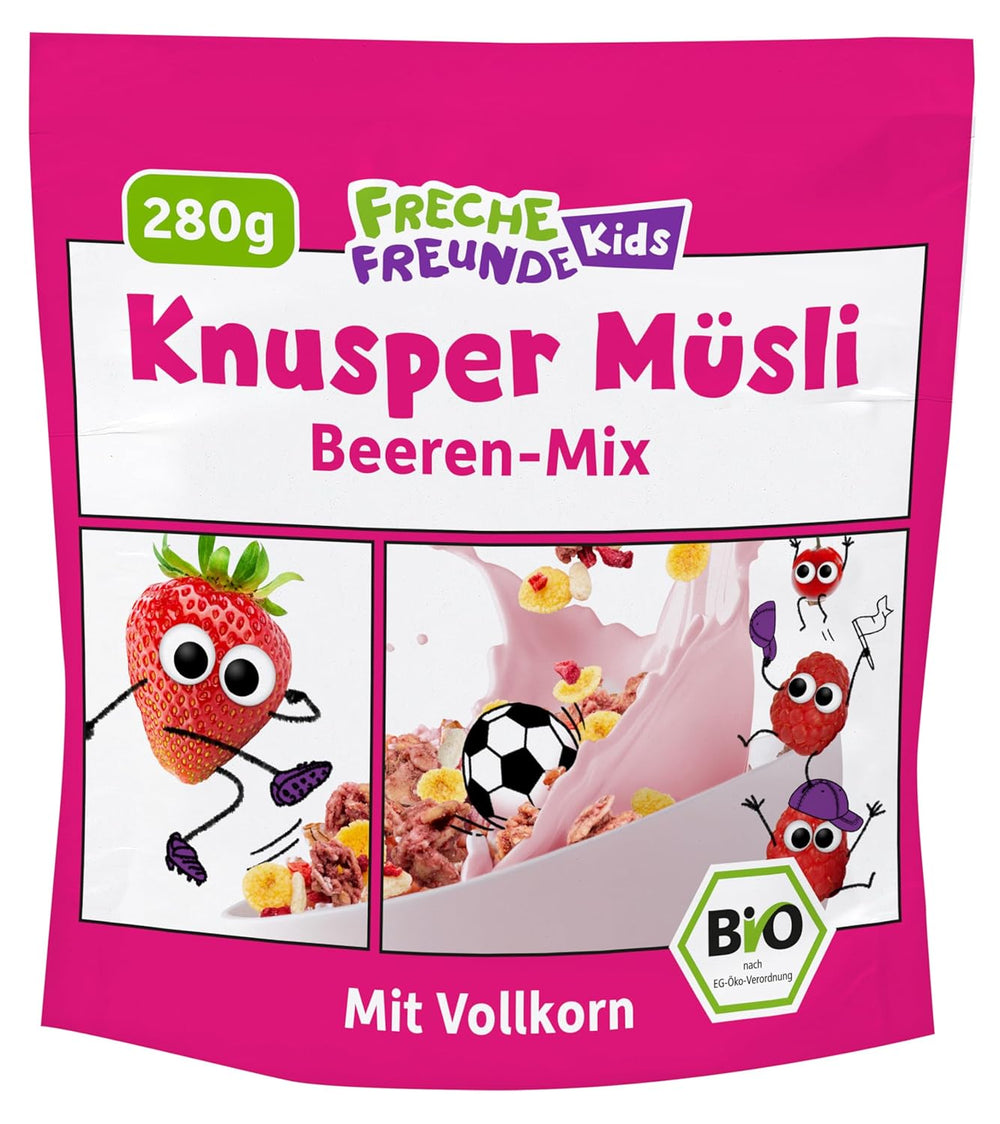 FRECHE FREUNDE Muesli organic pentru micul dejun, mix crocant de muesli cu fructe de pădure Edda's, pentru școlari, cu căpșuni liofilizate, vegan, pachet de 6 (6 x 280g)