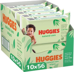 Salviette per neonati Huggies® Natural Care, 10 x 56 salviette, realizzate con fibre per la cura della pelle per una pelle sana, arricchite con Aloe Vera Salviettine umidificate per neonati Naty Shop