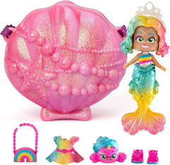 Sirene Coral Meerjungfrauen-Puppe mit 1 Muscheltasche, 1 Meerjungfrauenschwanz, 1 Haustier, Kleidung, Accessoires und Schuhe
