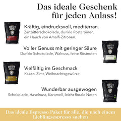 Set de mostre boabe de espresso 4 x 350g boabe de espresso | Pachet Discovery/Pachet de mostre | Robusta și Arabica | Ideal pentru aparate complet automate și portafiltru | BARISTA ROYAL