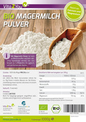 Vita2You Bio Latte scremato in polvere 1000g - 100% Bio Qualität - per cuocere al forno - Kaffeeweißer - Milchpulver für Joghurts - 1kg - Premium Qualität