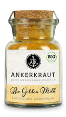 Ankerkraut Bio Golden Milk, Gewürz für goldene Milch, con curcuma, Zimt und Ingwer, 75 g in bicchiere di sughero
