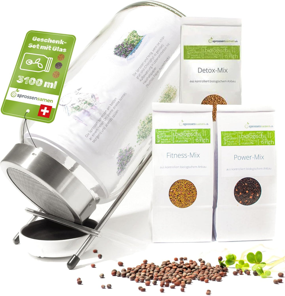 Set borcan pentru germinare 3100 ml cu set cadou - Mix Fitness Organic, Mix Power și Mix Detox, 75 g fiecare - Borcan pentru germinare - incl. capac borcan, suport și sită