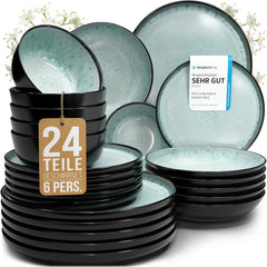 Set de veselă din gresie ceramică, format din 24 de piese, pentru 6 persoane, design Ibiza, CÂȘTIGĂTOR AL TESTULUI. Un set de veselă mediteraneană superb, inclusiv boluri și farfurii. Set de veselă Pure Living, verde salvie.