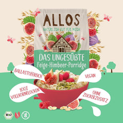 Porridge Allos di fichi e lamponi non zuccherato | Porridge senza zucchero | Muesli biologico | Muesli alla frutta | Farina d'avena | Porridge a colazione | Cereali per la colazione | Vegano | Confezione da 6 (6 x 500 g)