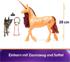 Unicornul Cinder de la Unicorn Academy - 28 cm înălțime, unicorn original de Valentina din serialul Netflix, cu coamă și coadă reale, frâu și șa detașabile și perie, pentru copii cu vârsta de 4 ani și peste
