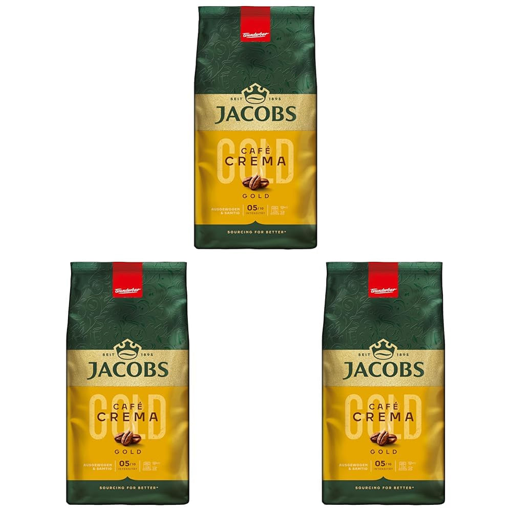 Boabe de cafea Jacobs Café Crema Gold 1kg – Corp plin, aromat, cu note fructate, boabe Arabica și Robusta, intensitate 5/10, ideal pentru Café Crema (pachet de 3)