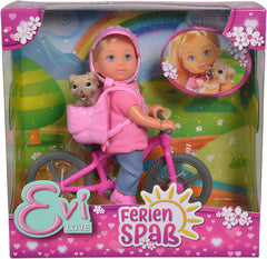 Simba 105733273 - Evi Love Bicicletă Distractiv de Vacanță, Păpușă cu Bicicletă, Câine și Rucsac, Păpușă de Modă, 12 cm, pentru copii cu vârsta de 3 ani și peste