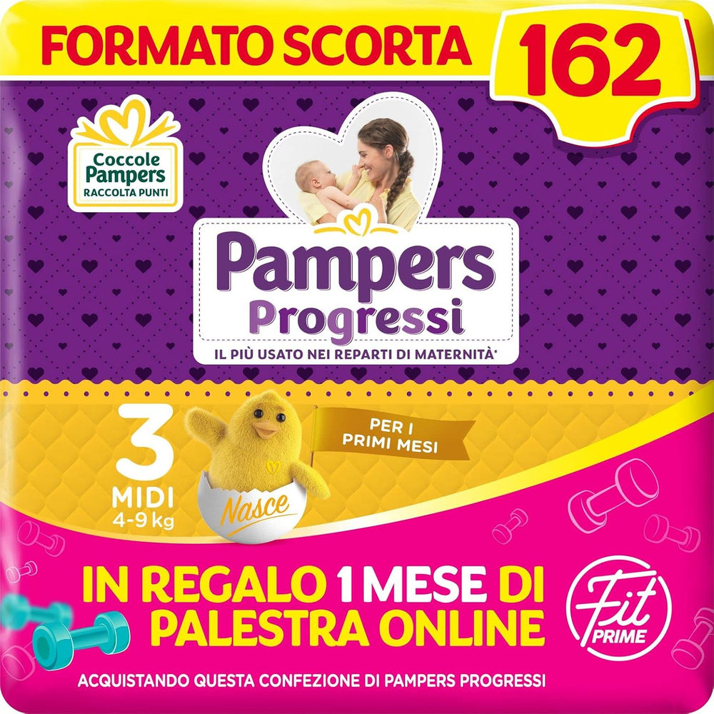Pannolini Pampers Progressi & Fit Prime Midi, formato corto, 162 pannolini, taglia 3 (4-9 kg), iscrizione online in palestra per 1 mese in regalo