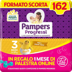 Pannolini Pampers Progressi & Fit Prime Midi, formato corto, 162 pannolini, taglia 3 (4-9 kg), iscrizione online in palestra per 1 mese in regalo