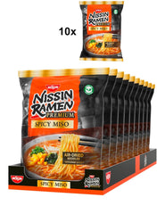 Nissin Ramen Premium - Confezione da 10 noodles istantanei al miso piccante in stile giapponese per ramen in stile "ristorante" con un sapore leggermente piccante di miso e scaglie di wakame (10 x 90,7 g)