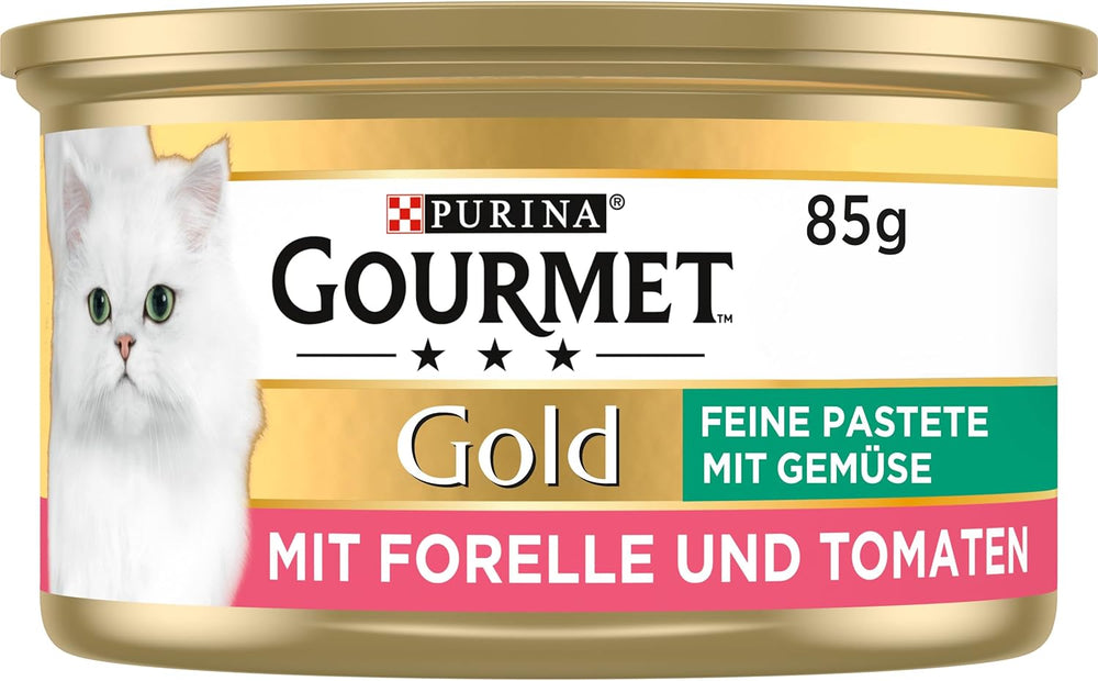 Pate fin Gourmet Gold cu legume, hrană umedă pentru pisici cu păstrăv și roșii, pachet de 12 (12 x 85g)