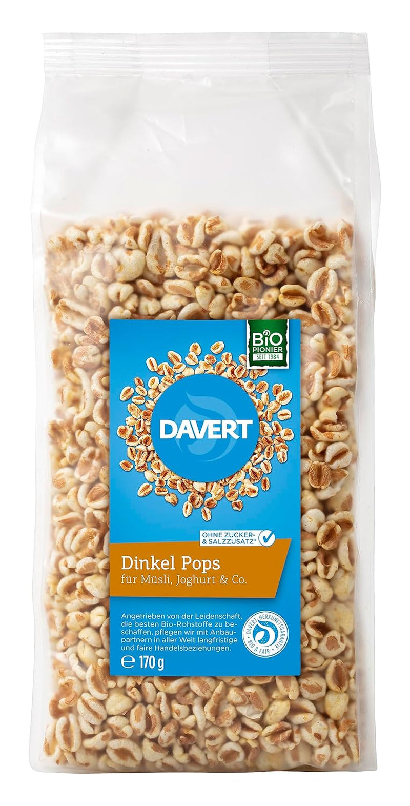 Lecca lecca di farro Davert 170g – Fagioli di farro espansi aromatizzati, ariosi e leggeri con un delicato sapore di tostatura – 100% qualità biologica Davert (1 x 170g)