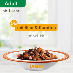 IAMS Delights Hrană umedă pentru pisici cu vită suculentă și morcovi în jeleu - Hrană umedă completă pentru pisici adulte, 24 pliculețe x 85g