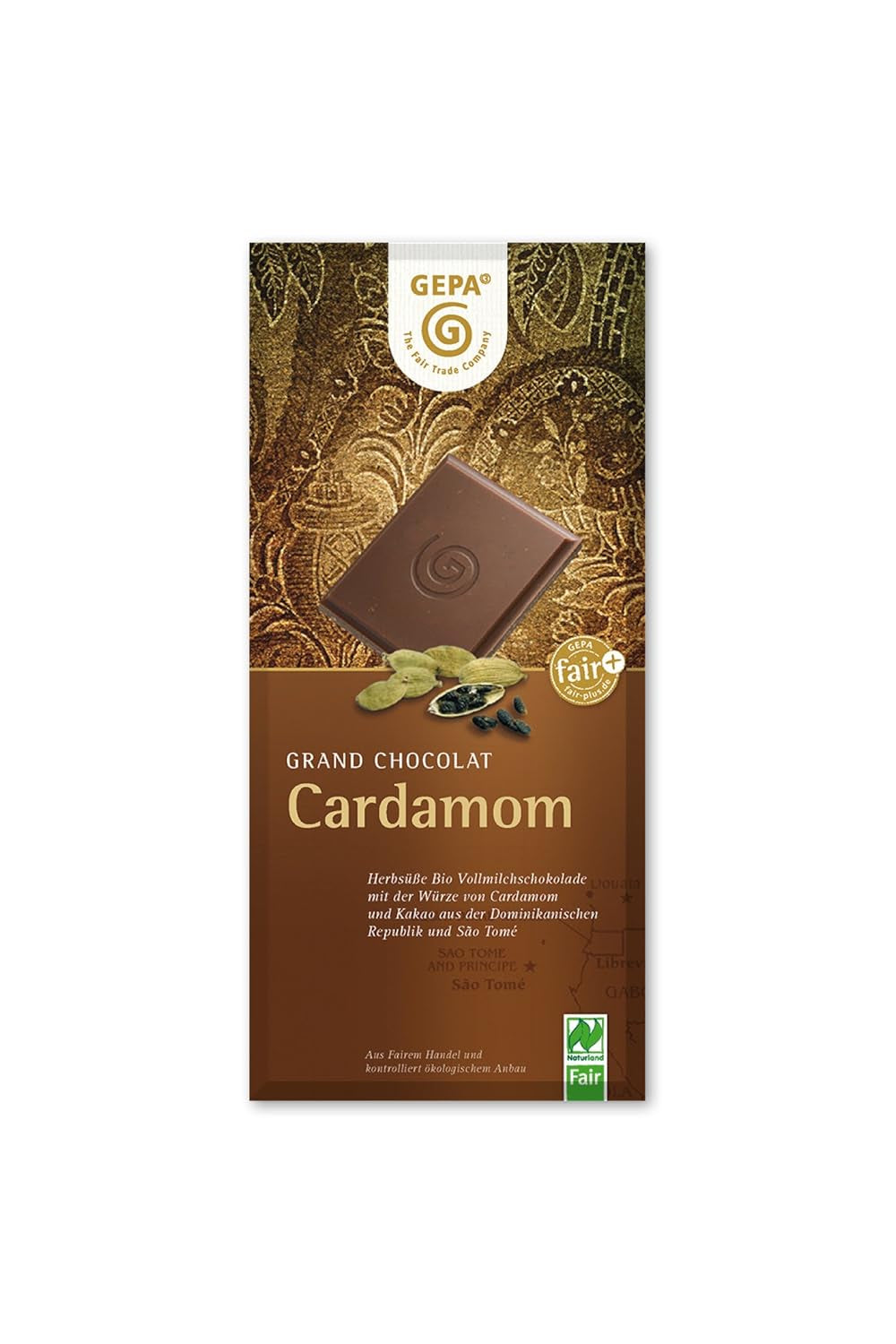 Cardamomo biologico, cacao 38%, confezione da 100 g