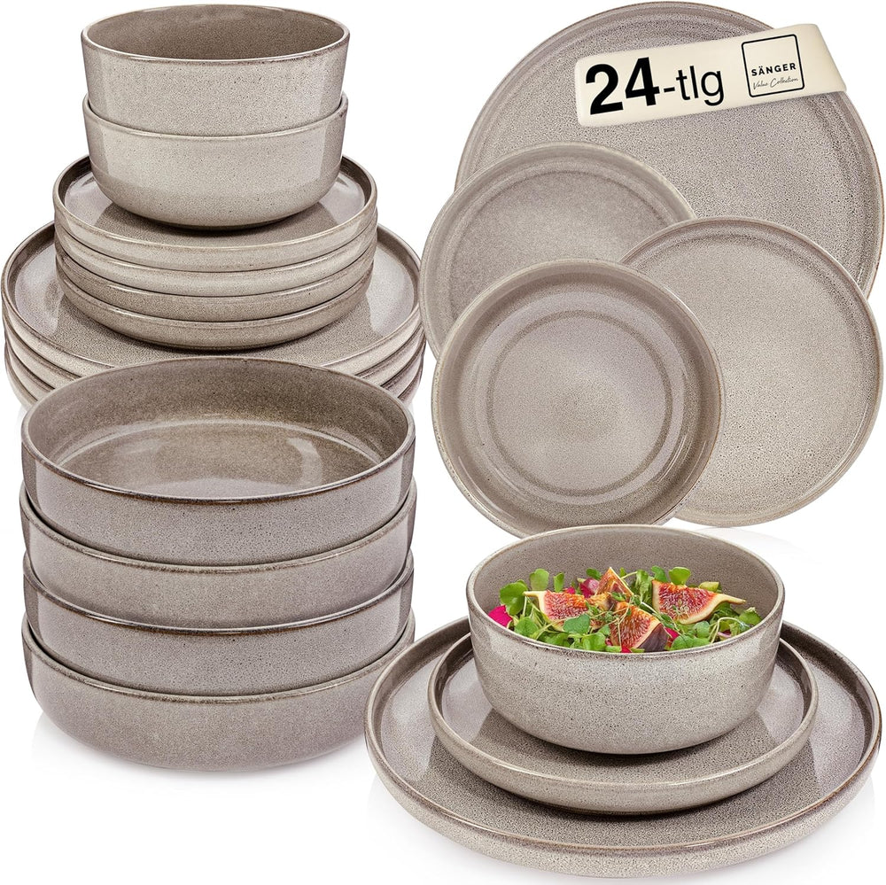 SÄNGER Cairo Clay | Set de veselă 24 piese, set de veselă din gresie pentru 6 persoane, 6 farfurii, 6 farfurii de desert, 6 boluri pentru paste, 6 boluri pentru servire, set de veselă gri | COLECȚIA VALUE