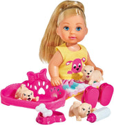 Simba 105733041 - Evi Love Puppy Love, cu TREI căței, cu coșuleț pentru câini și accesorii, păpușă de modă, 12 cm, pentru copii cu vârsta de 3 ani și peste