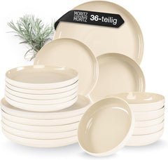 Set de veselă din gresie Moritz & Moritz CAVO pentru 12 persoane, 36 de piese - Serviciu de masă modern în culoarea nisipului - Set combinat ușor de întreținut cu farfurii și boluri - Serviciu de cafea