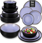 Steingut Geschirrset 6 Personen, vancasso AMBER Teller Set 6 Personen, Tafelservice 24tlg mit Speiseteller, Dessertteller, Suppenteller, Schüssel, Reaktive Glasur, Abendviolett, Spülmaschinenfest