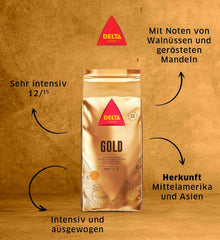 Delta Cafés - Kaffeebohnen Gold - 2 Pakete à 1 kg - Intensität 12 - Vollmundige Arabica-Röstkaffeebohnenmischung - Sehr aromatisch mit Noten von Honig und Reifen Früchten