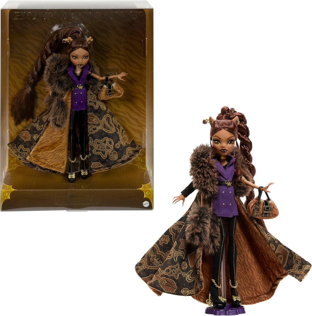 Păpușa Monster High, figurină de colecție Clawdeen Wolf Casa Lupilor cu haină jacquard din blană artificială, rochie sacou mov, pantaloni și accesorii aurii, JDR66